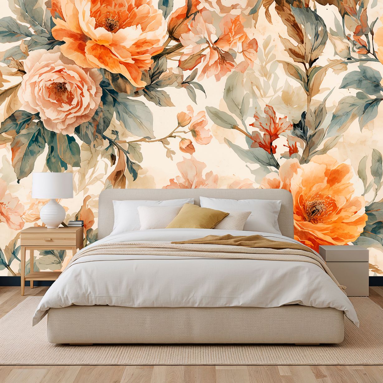 Terracotta Garden - Watercolor Flower Accent Wall Mural Wallpaper, peel & stick, custom-sized by Recoat