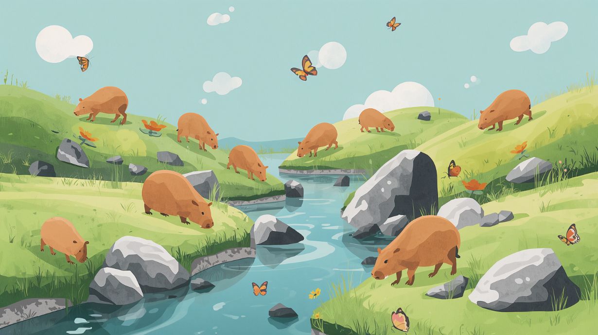 Capybara Field - Playful Animal Accent Wall Mural Wallpaper, peel & stick, custom-sized by Recoat
