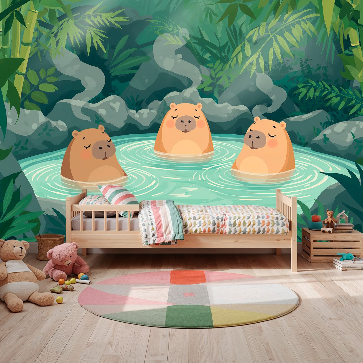 Capybara Springs - Playful Forest Accent Wall Mural Wallpaper, peel & stick, custom-sized by Recoat