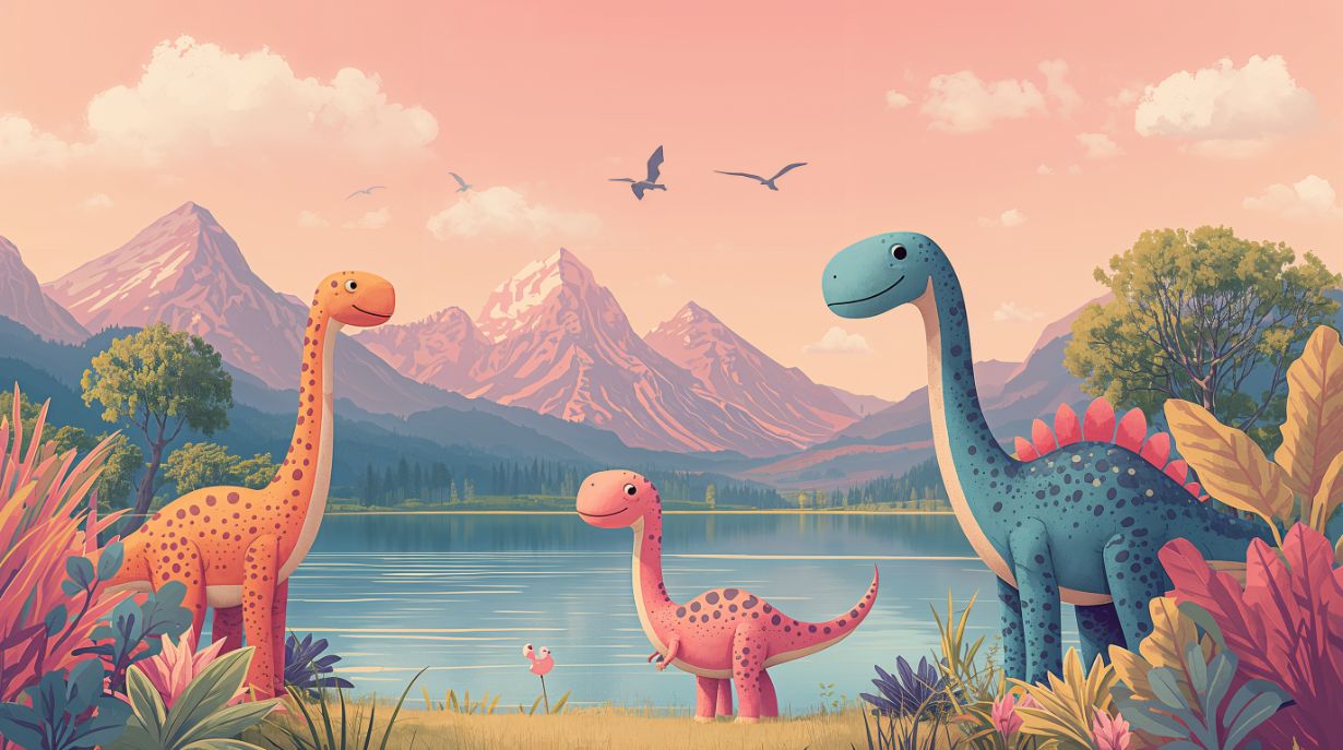 Dino Friends Dawn - Watercolor Dinosaurs Accent Wall Mural Wallpaper, peel & stick, custom-sized by Recoat