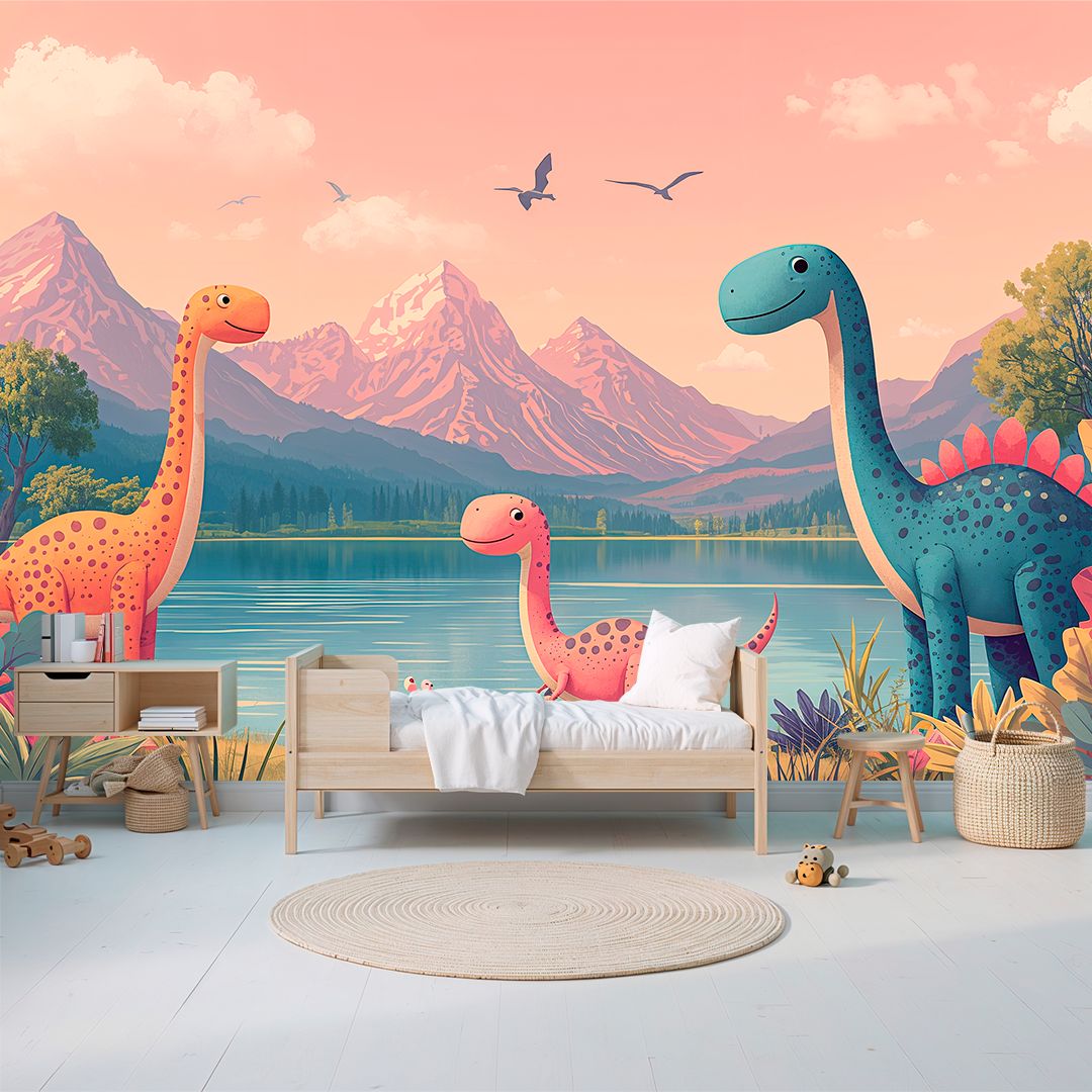 Dino Friends Dawn - Watercolor Dinosaurs Accent Wall Mural Wallpaper, peel & stick, custom-sized by Recoat