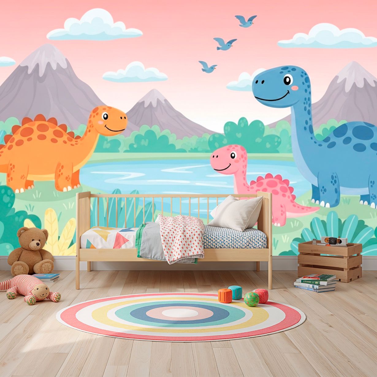 Dino Friends - Watercolor Dinosaurs Accent Wall Mural Wallpaper, peel & stick, custom-sized by Recoat