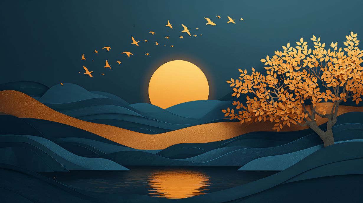 Golden Dusk Blue - Artistic Landscape Accent Wall Mural Wallpaper, peel & stick, custom-sized by Recoat