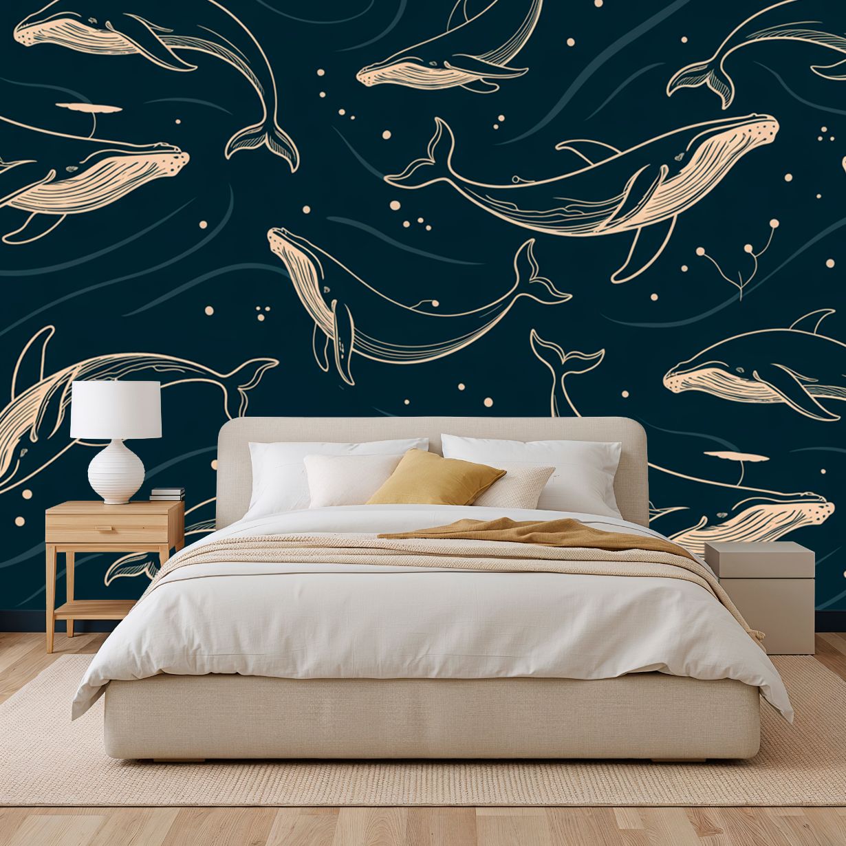 Midnight Whales Pattern - Vintage Whale Accent Wall Mural Wallpaper, peel & stick, custom-sized by Recoat