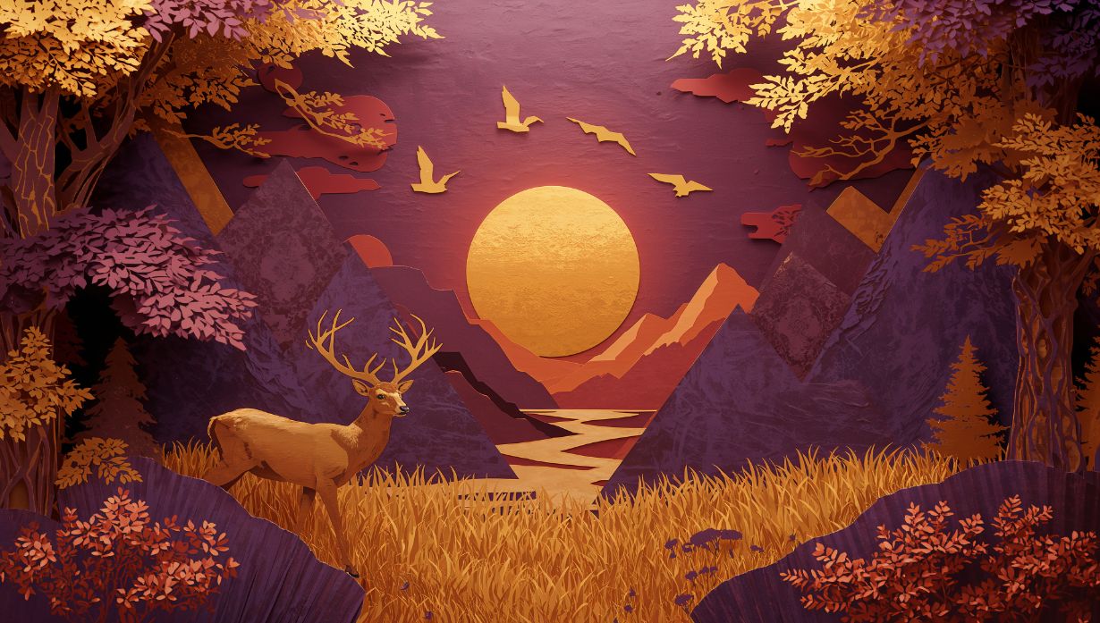 Papercraft Amethyst - Paper Art Landscape Accent Wall Mural Wallpaper, peel & stick, custom-sized by Recoat