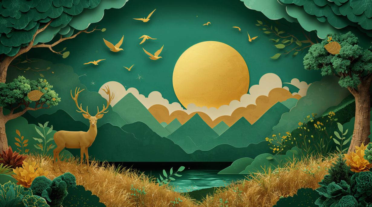 Papercraft Emerald - Paper Art Landscape Accent Wall Mural Wallpaper, peel & stick, custom-sized by Recoat