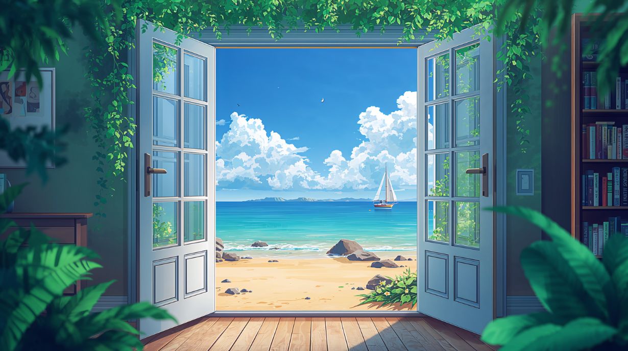 Seaside Gate - Window View Accent Wall Mural Wallpaper, peel & stick, custom-sized by Recoat