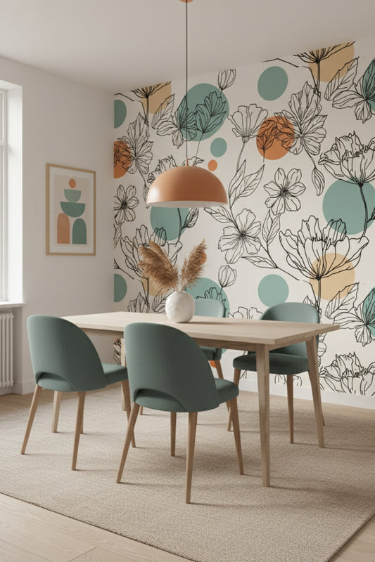 Bloom Line Art - Line Art Floral Accent Wall Mural Wallpaper