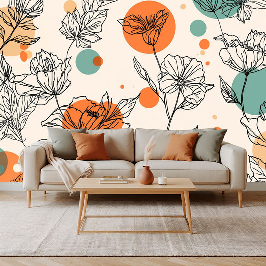 Bloom Line Art - Line Art Floral Accent Wall Mural Wallpaper, peel & stick, custom-sized by Recoat