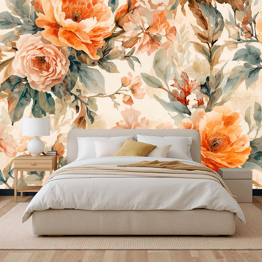 Terracotta Garden - Watercolor Flower Accent Wall Mural Wallpaper, peel & stick, custom-sized by Recoat