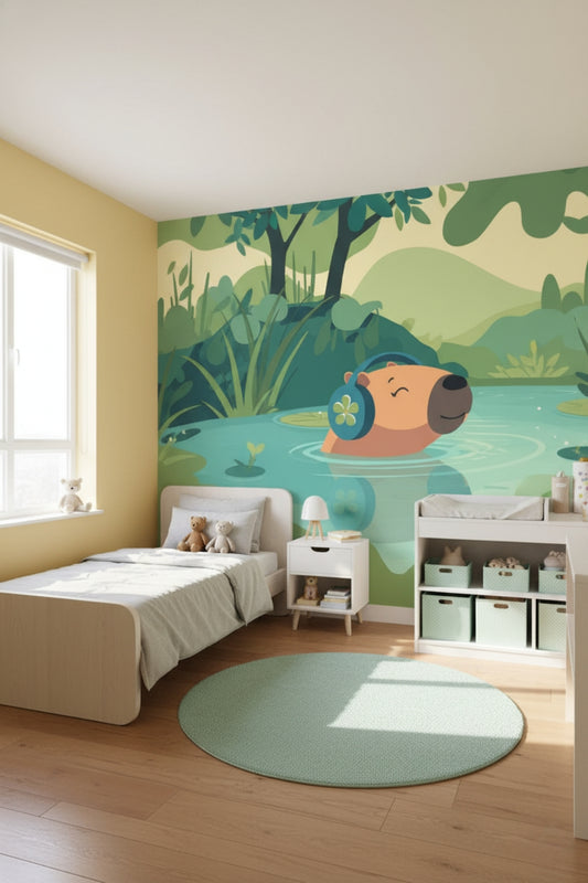 Capybara Chill - Scenic Lake Accent Wall Mural Wallpaper