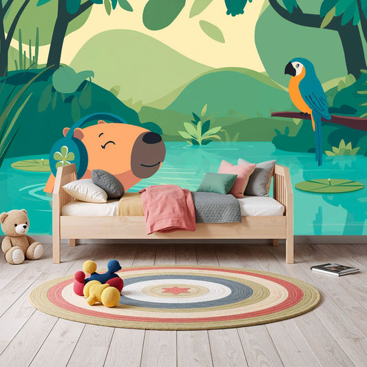 Capybara Chill - Scenic Lake Accent Wall Mural Wallpaper, peel & stick, custom-sized by Recoat