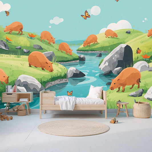 Capybara Field - Playful Animal Accent Wall Mural Wallpaper, peel & stick, custom-sized by Recoat
