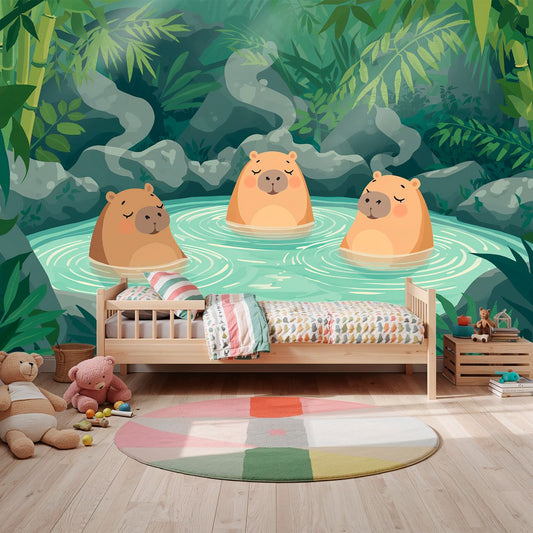 Capybara Springs - Playful Forest Accent Wall Mural Wallpaper, peel & stick, custom-sized by Recoat