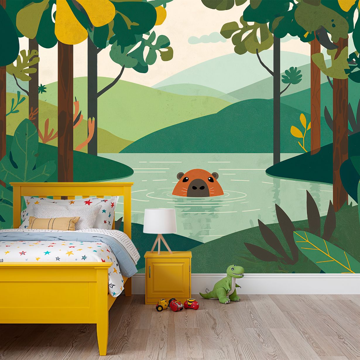 Capybara Peek - Forest Animal Accent Wall Mural Wallpaper, peel & stick, custom-sized by Recoat