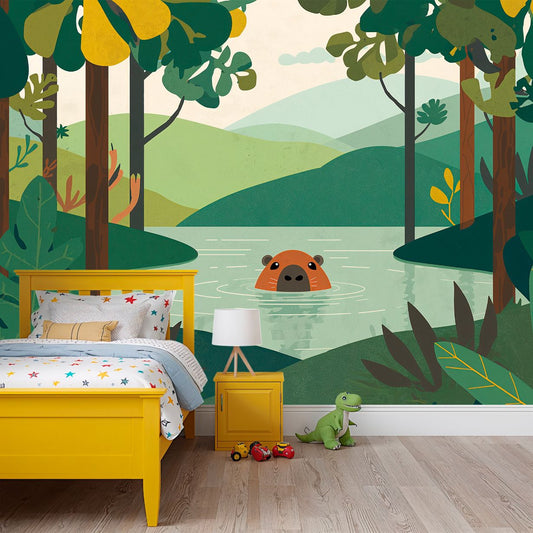Capybara Peek - Forest Animal Accent Wall Mural Wallpaper, peel & stick, custom-sized by Recoat