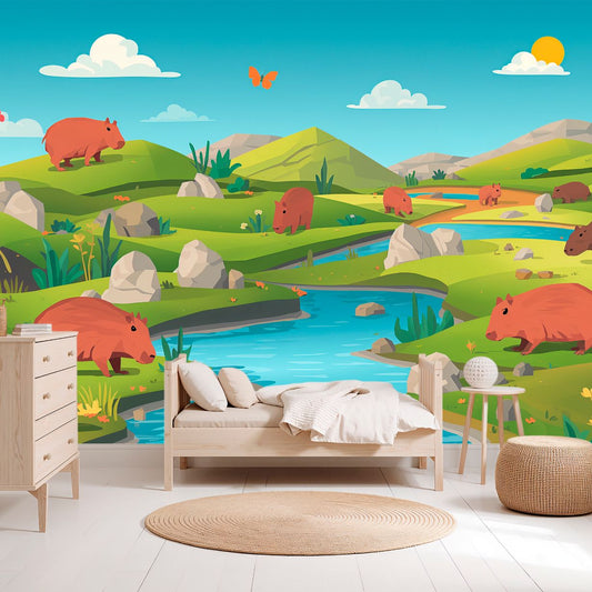 Capybara Valley - Playful Animal Accent Wall Mural Wallpaper, peel & stick, custom-sized by Recoat