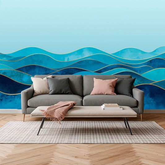 Ocean Waves - Blue Abstract Accent Wall Mural Wallpaper, peel & stick, custom-sized by Recoat
