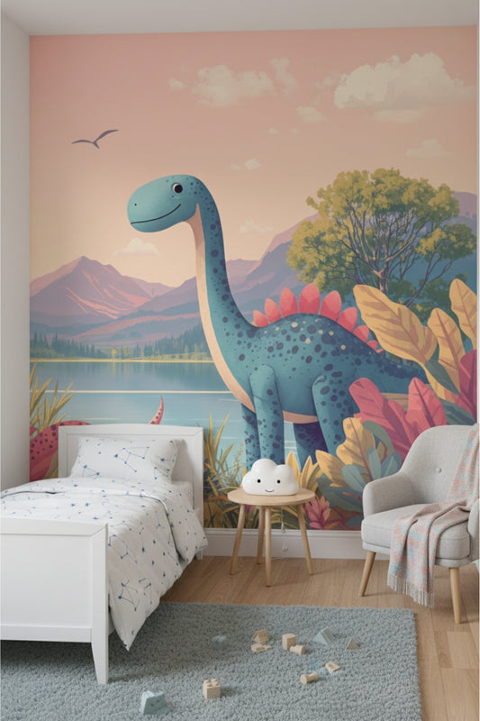 Dino Friends Dawn - Watercolor Dinosaurs Accent Wall Mural Wallpaper