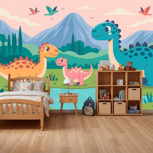 Dino Friends Valley - Watercolor Dinosaurs Accent Wall Mural Wallpaper, peel & stick, custom-sized by Recoat