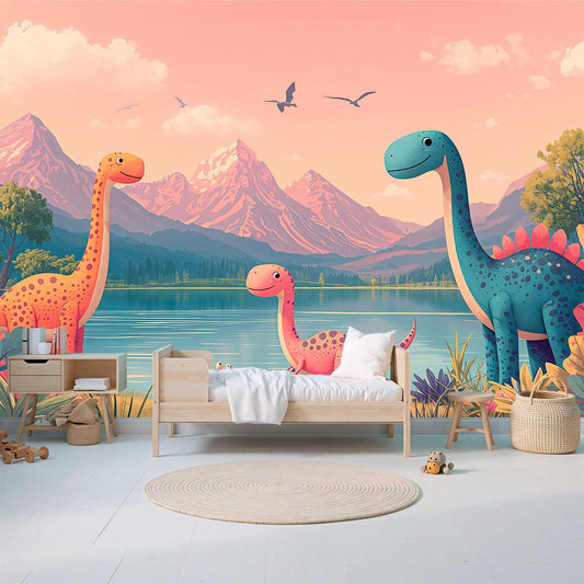 Dino Friends Dawn - Watercolor Dinosaurs Accent Wall Mural Wallpaper, peel & stick, custom-sized by Recoat