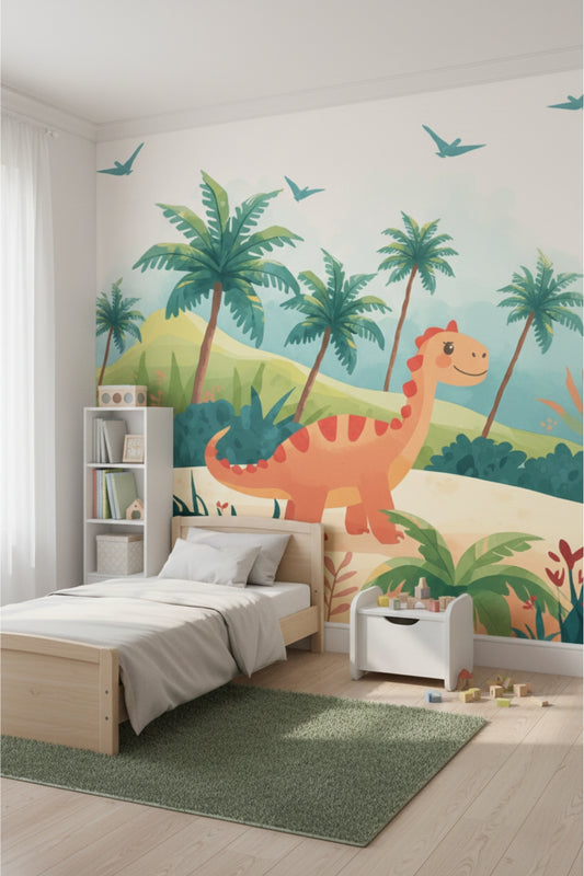 Dino Friends Tropical - Watercolor Dinosaurs Accent Wall Mural Wallpaper
