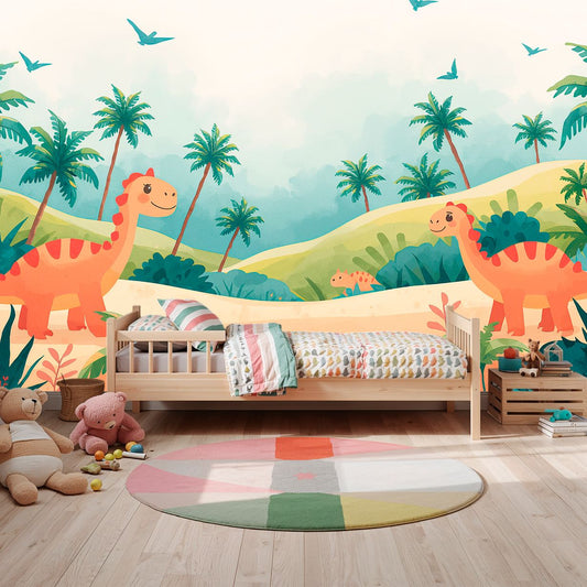 Dino Friends Tropical - Watercolor Dinosaurs Accent Wall Mural Wallpaper, peel & stick, custom-sized by Recoat