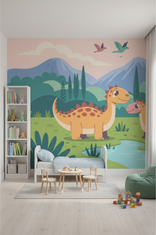 Dino Friends Valley - Watercolor Dinosaurs Accent Wall Mural Wallpaper
