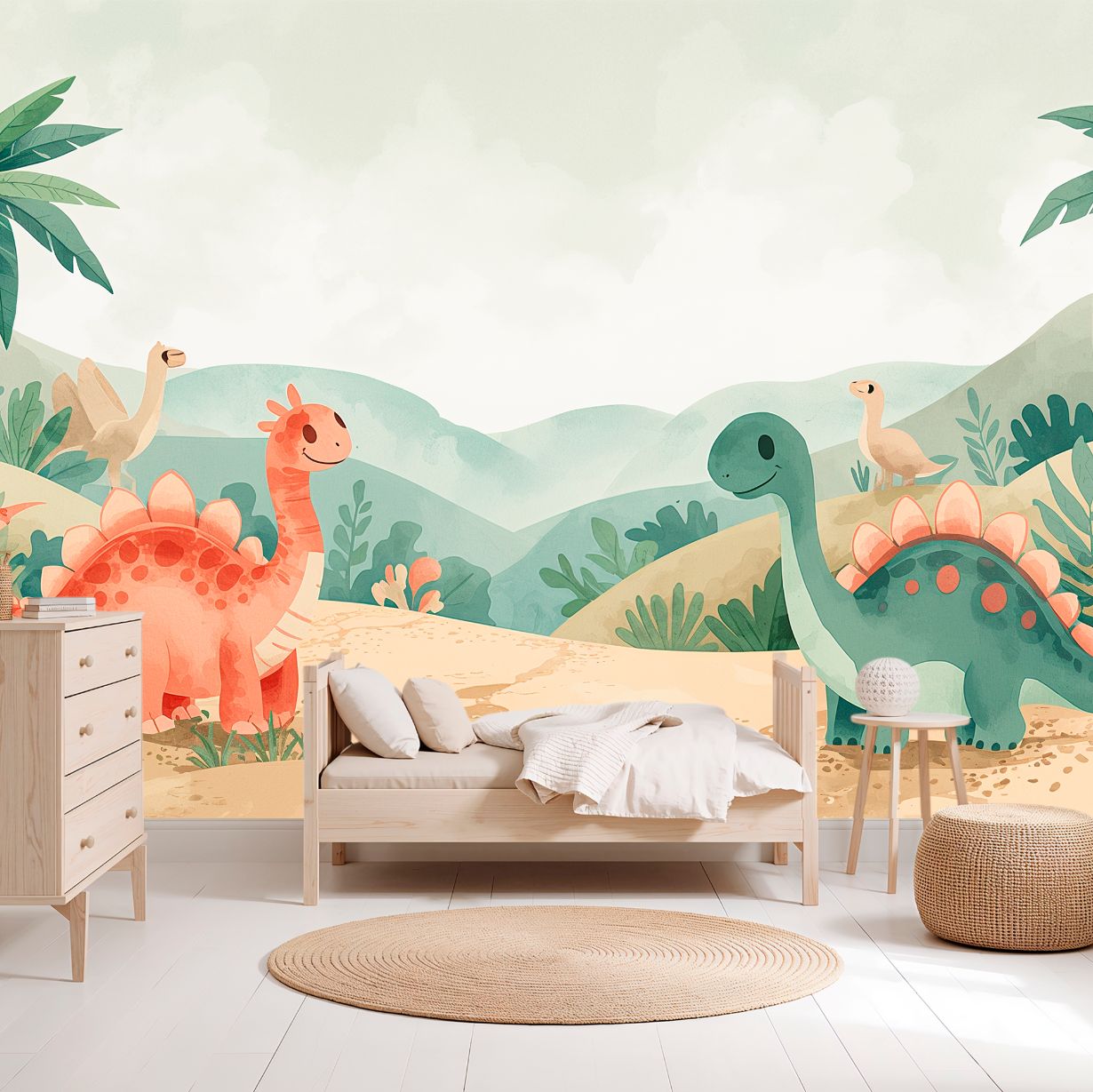 Dino Valley - Watercolor Dinosaurs Accent Wall Mural Wallpaper, peel & stick, custom-sized by Recoat