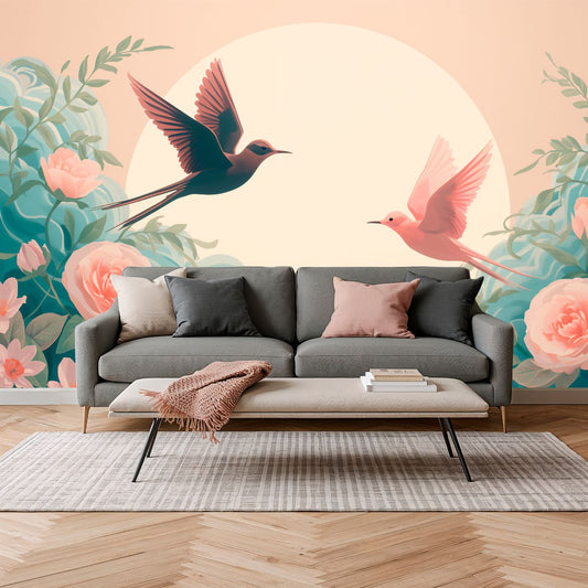 Rosewing Duet - Watercolor Birds Accent Wall Mural Wallpaper, peel & stick, custom-sized by Recoat