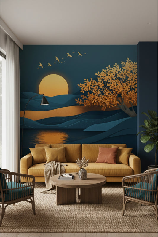 Golden Dusk Blue - Artistic Landscape Accent Wall Mural Wallpaper