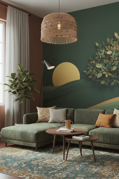 Golden Emerald - Artistic Landscape Accent Wall Mural Wallpaper