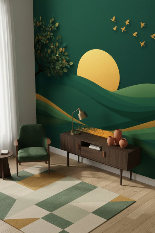 Golden Emerald - Artistic Landscape Accent Wall Mural Wallpaper