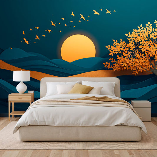 Golden Dusk Blue - Artistic Landscape Accent Wall Mural Wallpaper, peel & stick, custom-sized by Recoat