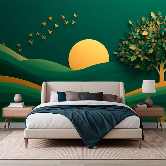 Golden Emerald - Artistic Landscape Accent Wall Mural Wallpaper, peel & stick, custom-sized by Recoat