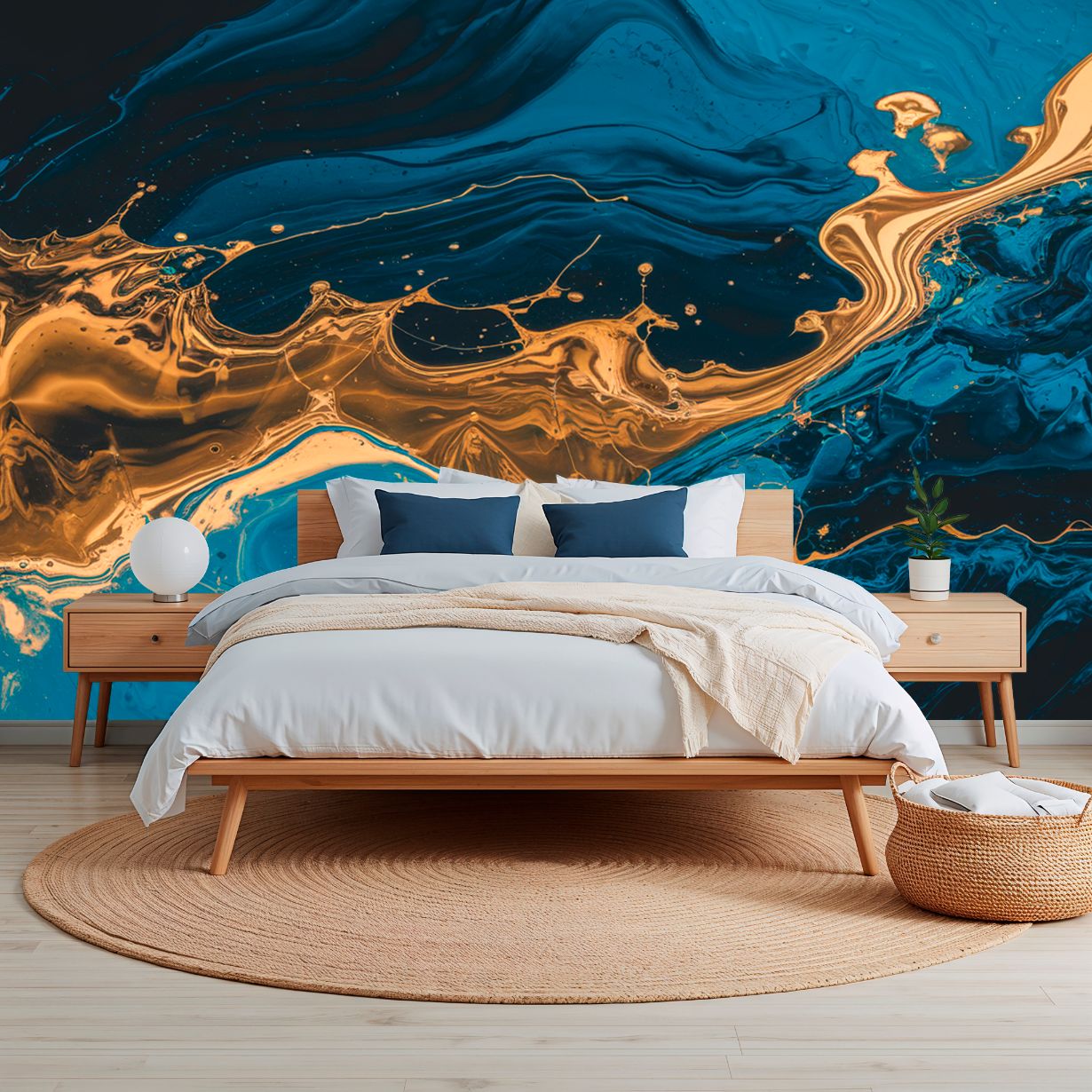 Ocean's Gold - Blue Abstract Accent Wall Mural Wallpaper, peel & stick, custom-sized by Recoat