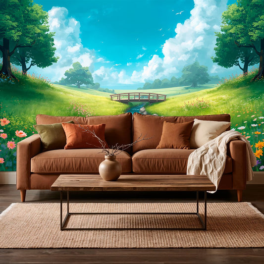 Green Meadows - Whimsical Valley Accent Wall Mural Wallpaper, peel & stick, custom-sized by Recoat