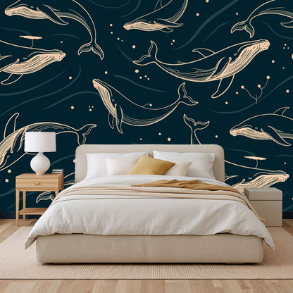Midnight Whales Pattern - Vintage Whale Accent Wall Mural Wallpaper, peel & stick, custom-sized by Recoat