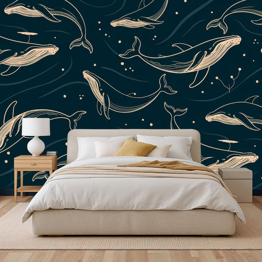 Midnight Whales Pattern - Vintage Whale Accent Wall Mural Wallpaper, peel & stick, custom-sized by Recoat