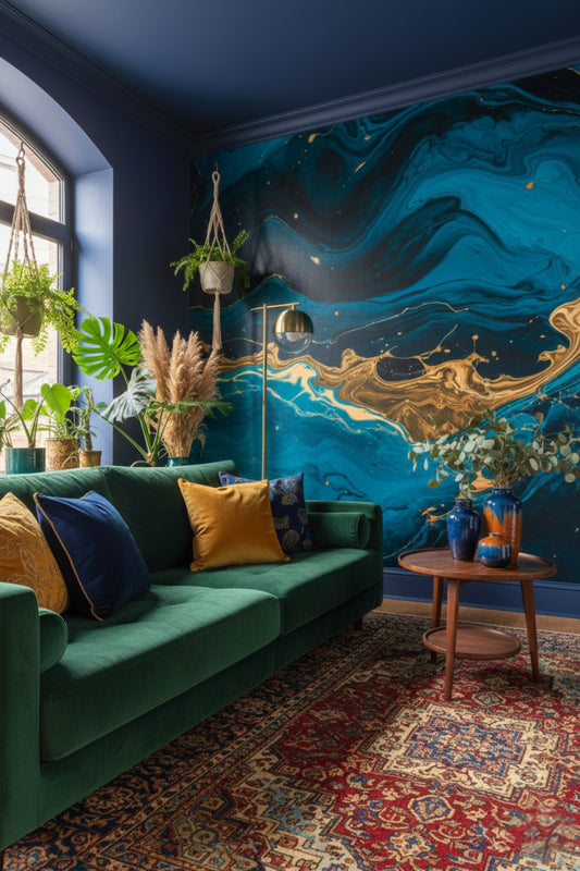 Ocean's Gold - Blue Abstract Accent Wall Mural Wallpaper