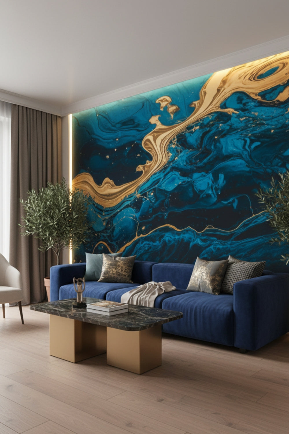 Ocean's Gold - Blue Abstract Accent Wall Mural Wallpaper