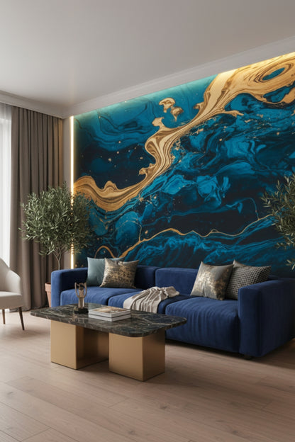Ocean's Gold - Blue Abstract Accent Wall Mural Wallpaper