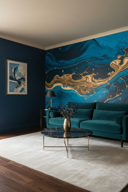 Ocean's Gold - Blue Abstract Accent Wall Mural Wallpaper