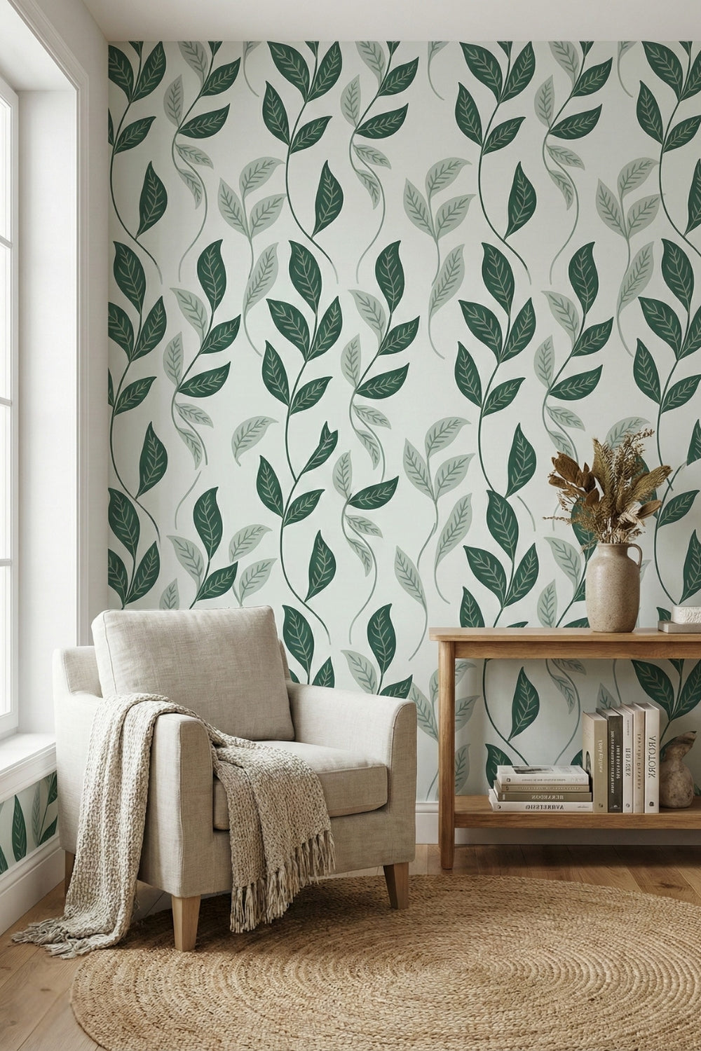 Olive Grove - Neutral Leaf Pattern Accent Wall Mural Wallpaper