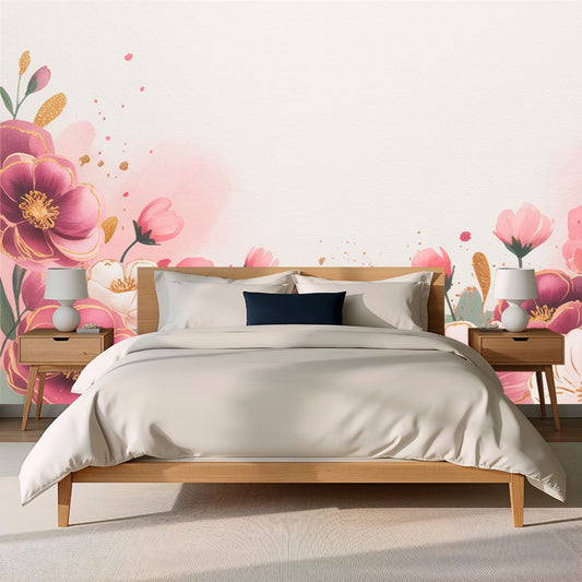 Petal Whisper - Gold & Pink Floral Accent Wall Mural Wallpaper, peel & stick, custom-sized by Recoat