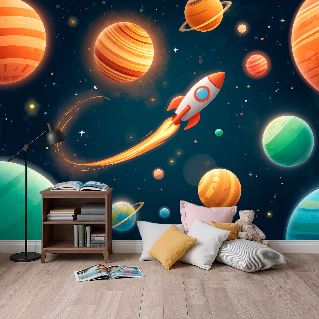 Space Adventure - Planet & Stars Accent Wall Mural Wallpaper, peel & stick, custom-sized by Recoat