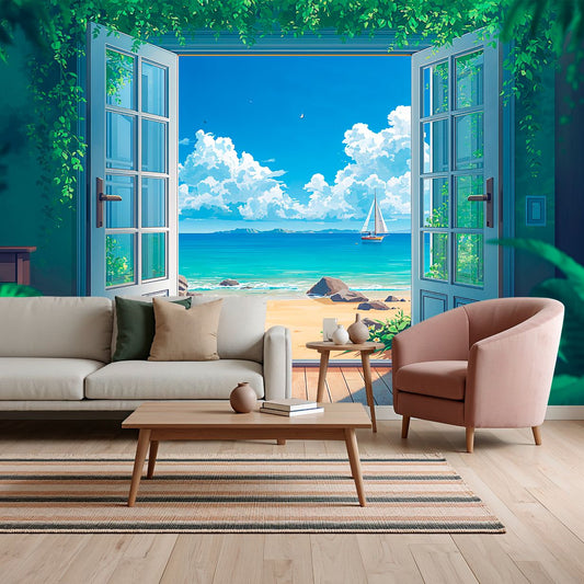 Seaside Gate - Window View Accent Wall Mural Wallpaper, peel & stick, custom-sized by Recoat