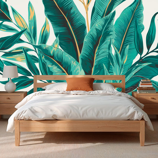 Jungle Escape - Green & Gold Leaf Accent Wall Mural Wallpaper, peel & stick, custom-sized by Recoat
