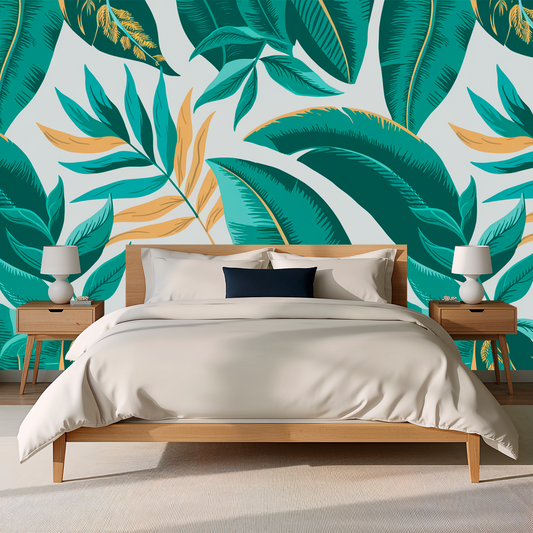 Jungle Retreat - Green & Gold Leaf Accent Wall Mural Wallpaper, peel & stick, custom-sized by Recoat
