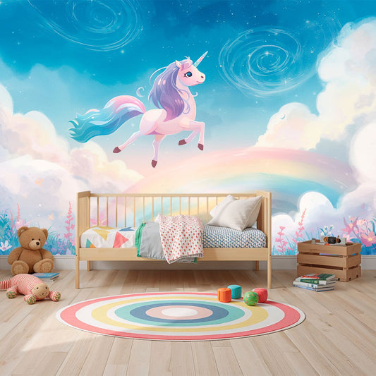 Unicorn Dreams - Whimsical Unicorn & Rainbow Wall Mural, peel & stick, custom-sized by Recoat